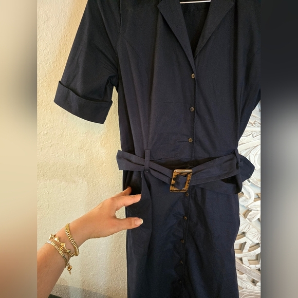 Mango Women’s Shirt Belted Button Up Navy Blue Midi Dress 8 - Picture 5 of 9